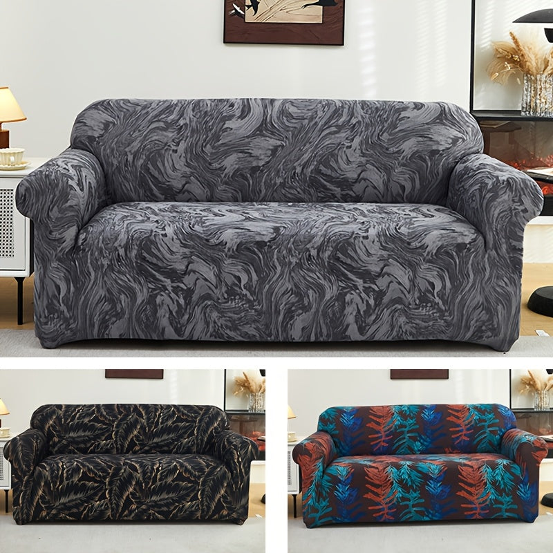 All-season sofa cover with stretchable fabric and anti-slip stick. Features modern print design, machine washable and fits single to four-seater sofas. Anti-dirt and dust-proof.