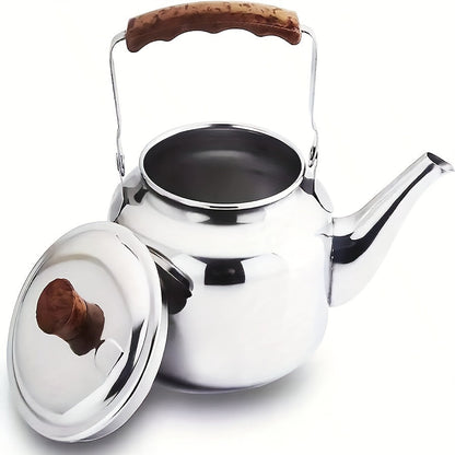 Thickened Water Kettle with Stainless Steel Body and Wood Grain Handle for Indoor and Outdoor Use on Induction Cookers and Gas Stoves