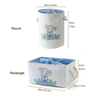 Blue Elephant Design Fabric Storage Basket with Lid - Collapsible and Stackable for Home Organization in Nursery, Wardrobe, or Shelf