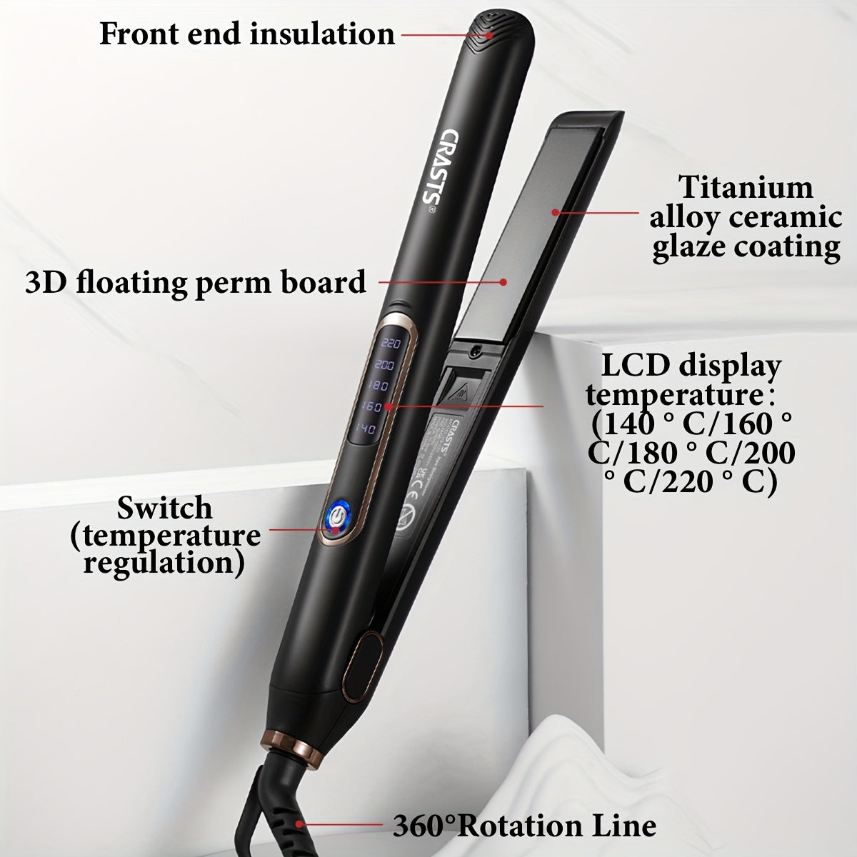 CRASTS Dual-Mode Hair Styler with Digital Display - Adjustable Temperature, Titanium Plates, 35W Power, C-Type Plug, Smooth Styling for All.