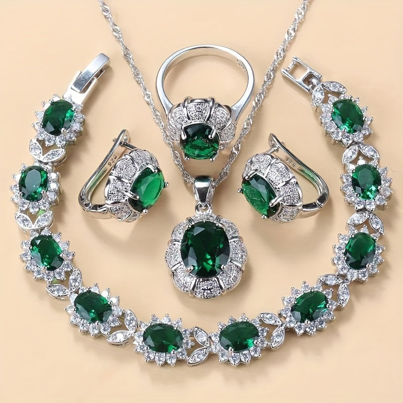 Elevate your look with this stunning 5-piece jewelry set for women. Each piece is beautifully silvery plated and accented with sparkling cubic zirconia for a touch of elegance. This set includes a dainty necklace, earrings, ring, and bracelet, making it