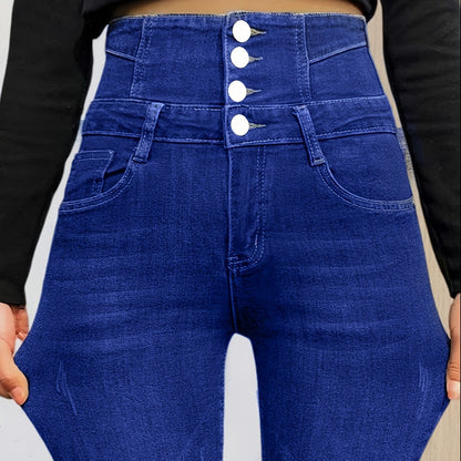 High-waisted skinny jeans with button detail for plus size women, in blue denim.