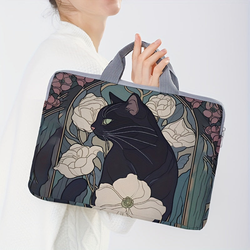 Black Cat with Peonies Laptop Sleeve - 38.0cm, Zip Closure, Printed Polyester, Office, College, Daily Commute Suitable.