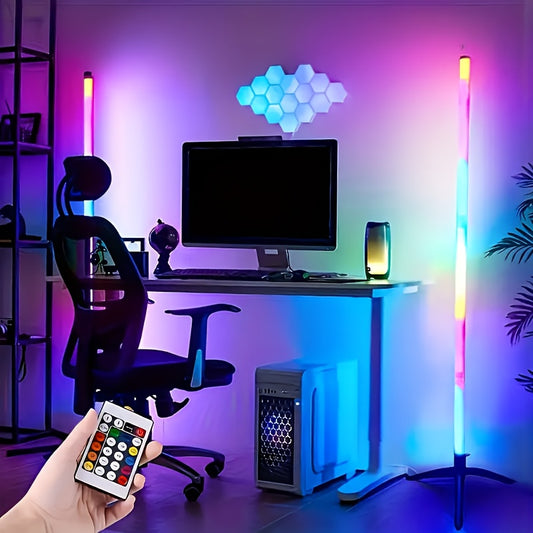 USB-powered RGB corner floor lamp with multi-color dimmable LED light, Nordic style ambient lighting for living room, bedroom, gaming room.