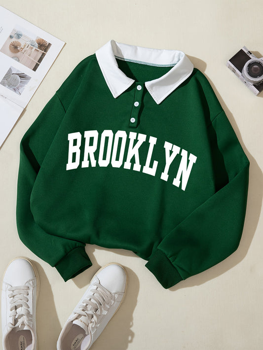 Brooklyn Letter Print Sweatshirt - 100% Polyester, Middle-Eastern Style with Button Detail, All-Season Comfort.