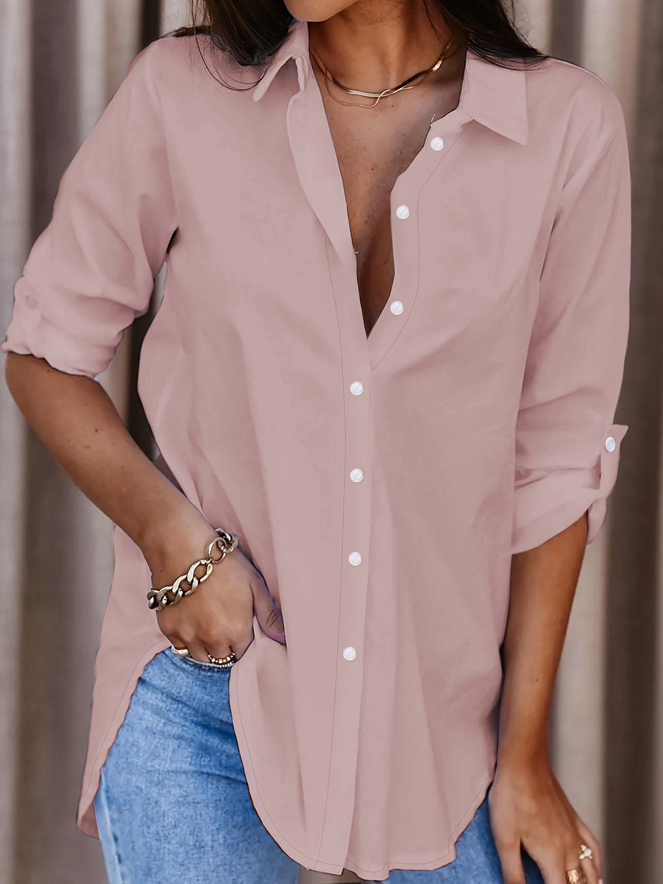 Solid Button Front Shirt with Roll Up Sleeves for Spring & Fall in Plus Size Women's Clothing.