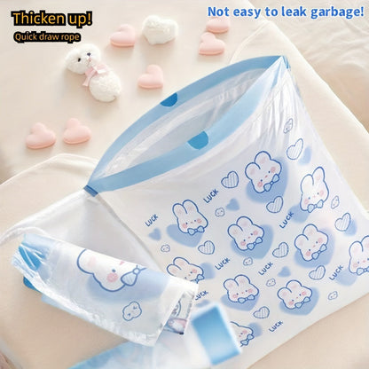 50 pieces out of 100 pieces of cute cartoon drawstring garbage bags are produced from leak-proof high-density HDPE plastic, ideal for disposing of waste and debris.