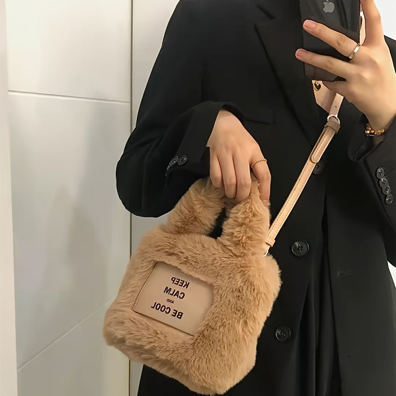 Stylish khaki bucket bag for women with faux fur, magnetic closure, spacious interior, fluffy texture, and secure shoulder strap.