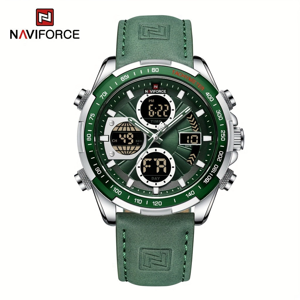 NAVIFORCE Men's Luxury Sports Quartz Watch - Waterproof, Genuine Leather Strap, Dual Display with Date & Chronograph Functions, Stainless Steel Case, Green Accents, Tachymeter Equipped