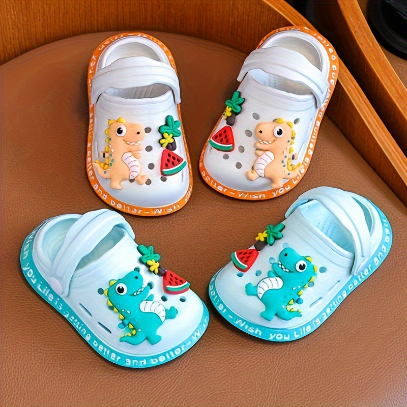 Cute cartoon dinosaur clogs for kids, perfect for indoor and outdoor use.