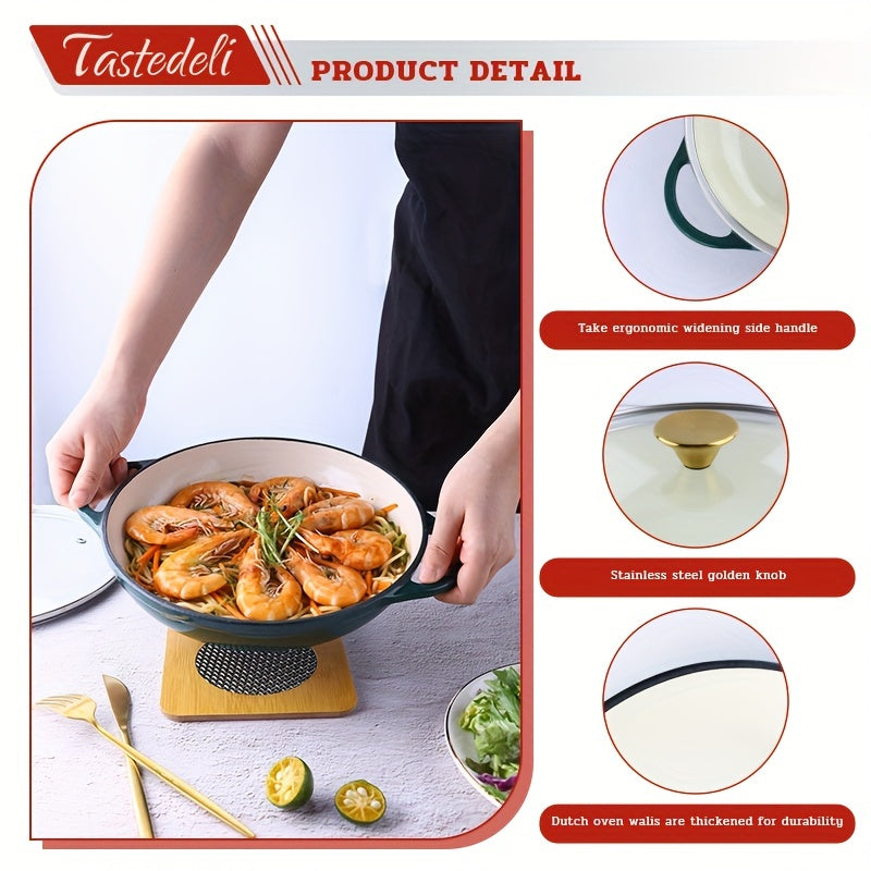 Tastedeli's Enameled Cast Iron Dutch Oven is a round casserole braising pan with lid, holding 2.5 quarts - perfect for versatile cooking such as braising, stewing, and baking.