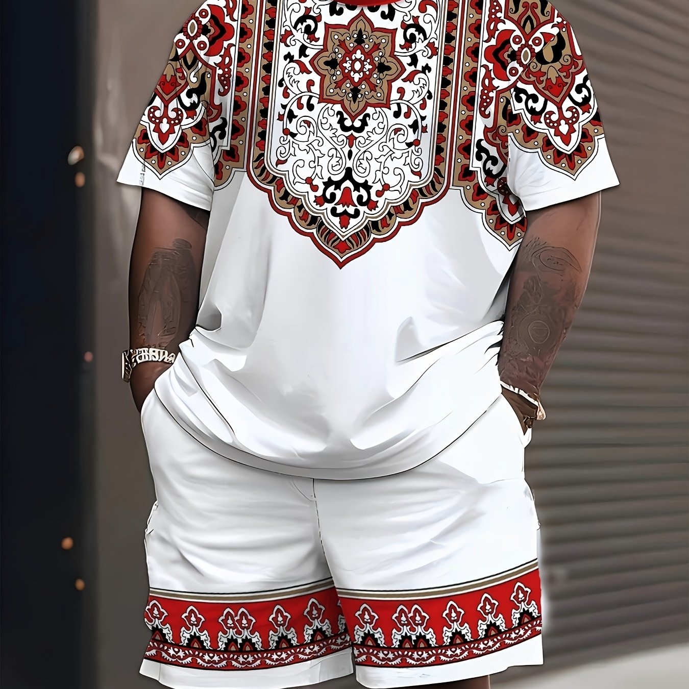 Men's Plus Size Ethnic Print T-Shirt & Shorts Set - Casual/Sporty, Machine Washable Polyester Blend Outfit with Round Neck and Knee-Length Shorts