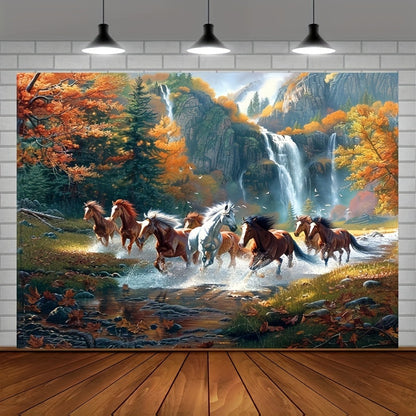 Polyester horse-themed wall backdrop for various occasions, no electricity required. Ideal for classrooms, libraries, photo booths, studios, and celebrations.