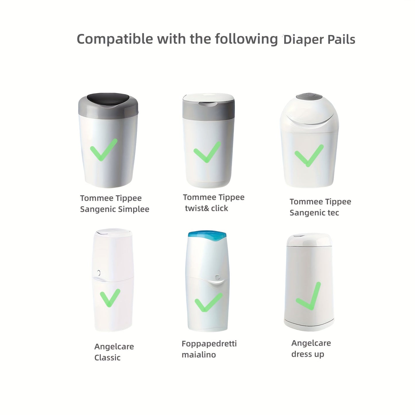 6 pieces or 12 pieces of extra-long trash bag refills designed for Diaper Genie. These load-bearing plastic diaper pail liners are compatible with both Diaper Angel Care and Genie Bin systems, with a length of 6.49 meters.