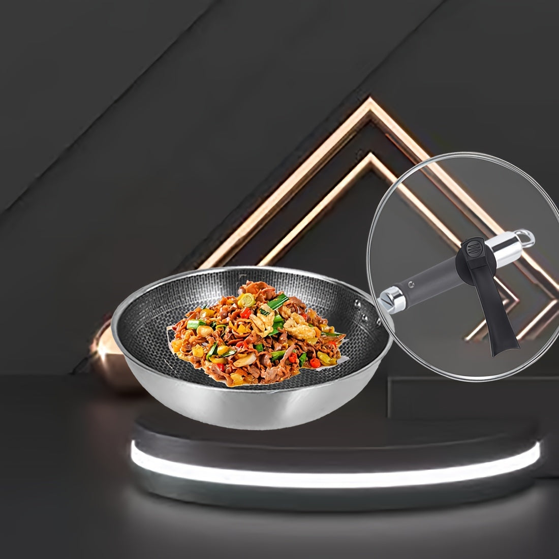 One high-quality stainless steel honeycomb wok with a reinforced glass lid - features non-stick, food-safe cast iron and a standable design for convenient storage.