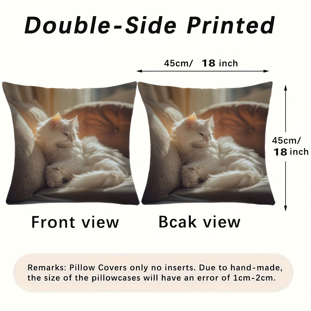 Soft White Cat Print Cushion Cover - Reversible Design, Ideal for Farmhouse Style and Festive Gatherings, Easy to Clean Polyester Pillowcase for Home and Workspaces (Pillow not included)