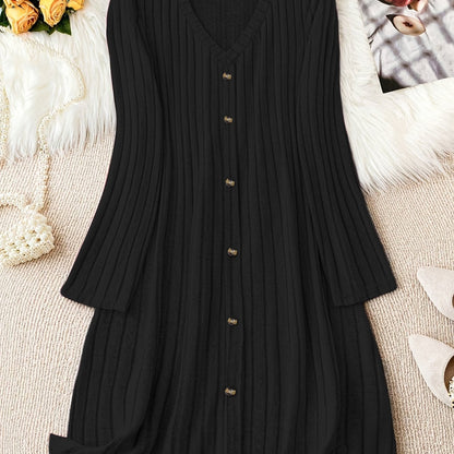 Solid color V-neck long sleeve dress made of stretchy polyester blend, perfect for casual fall/winter wear for women.