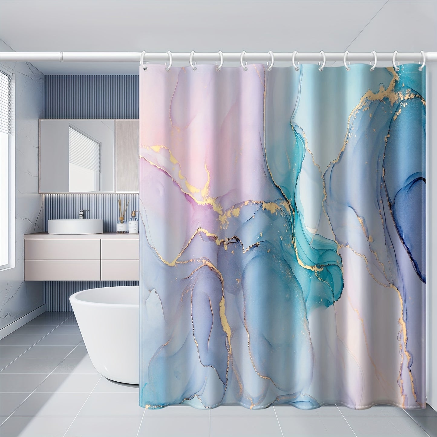 Dreamy marble gilded pattern bathroom window curtain with plastic hooks. Suitable for rooms, families, and hotels. Machine washable and waterproof.