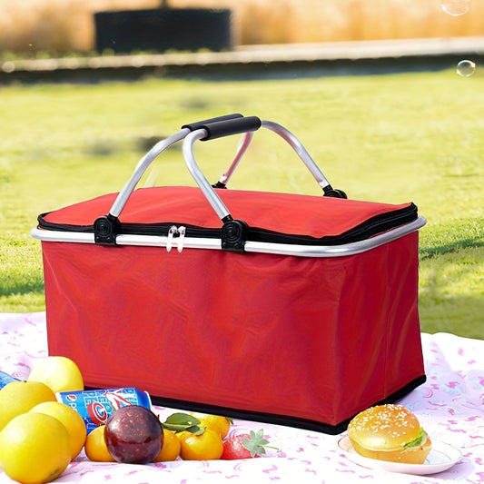 Foldable insulated picnic bag with handle for outdoor travel, in black nylon.