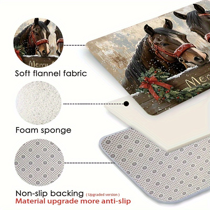 Festive Holiday Christmas Horse Doormat for Kitchen or Living Room - Non-Slip, Washable, Water-Resistant, Lightweight, Machine Made with Flat Woven Polyester and Low Pile Texture