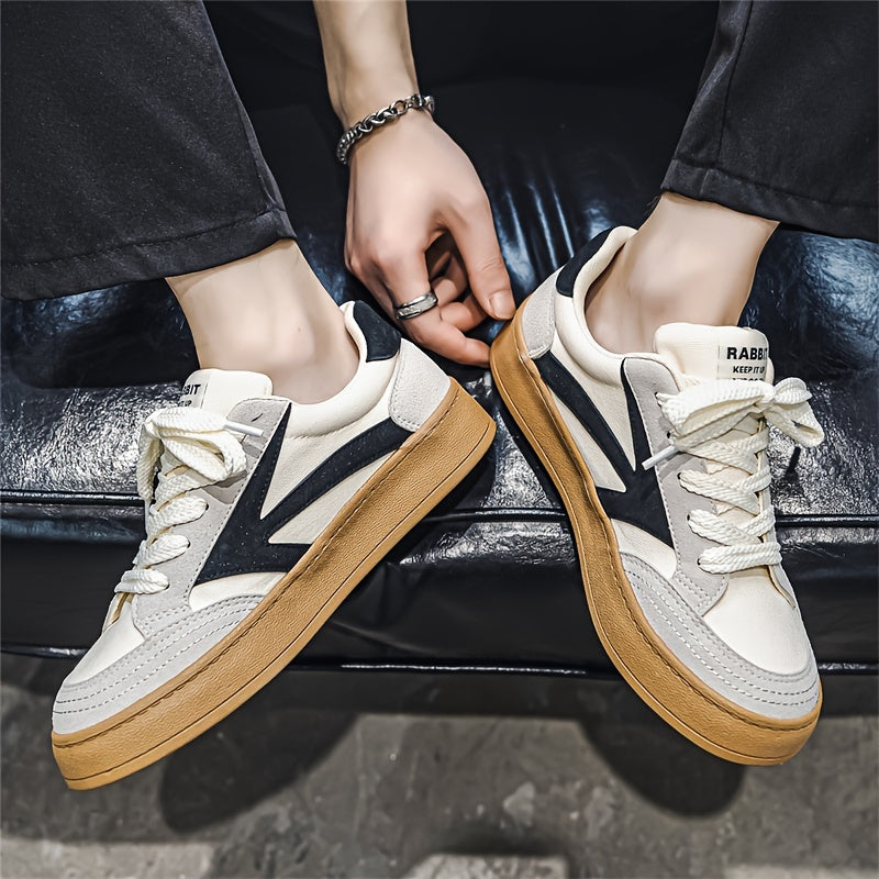 Vintage color block skateboard shoes with non-slip rubber sole and lace-up design for men.