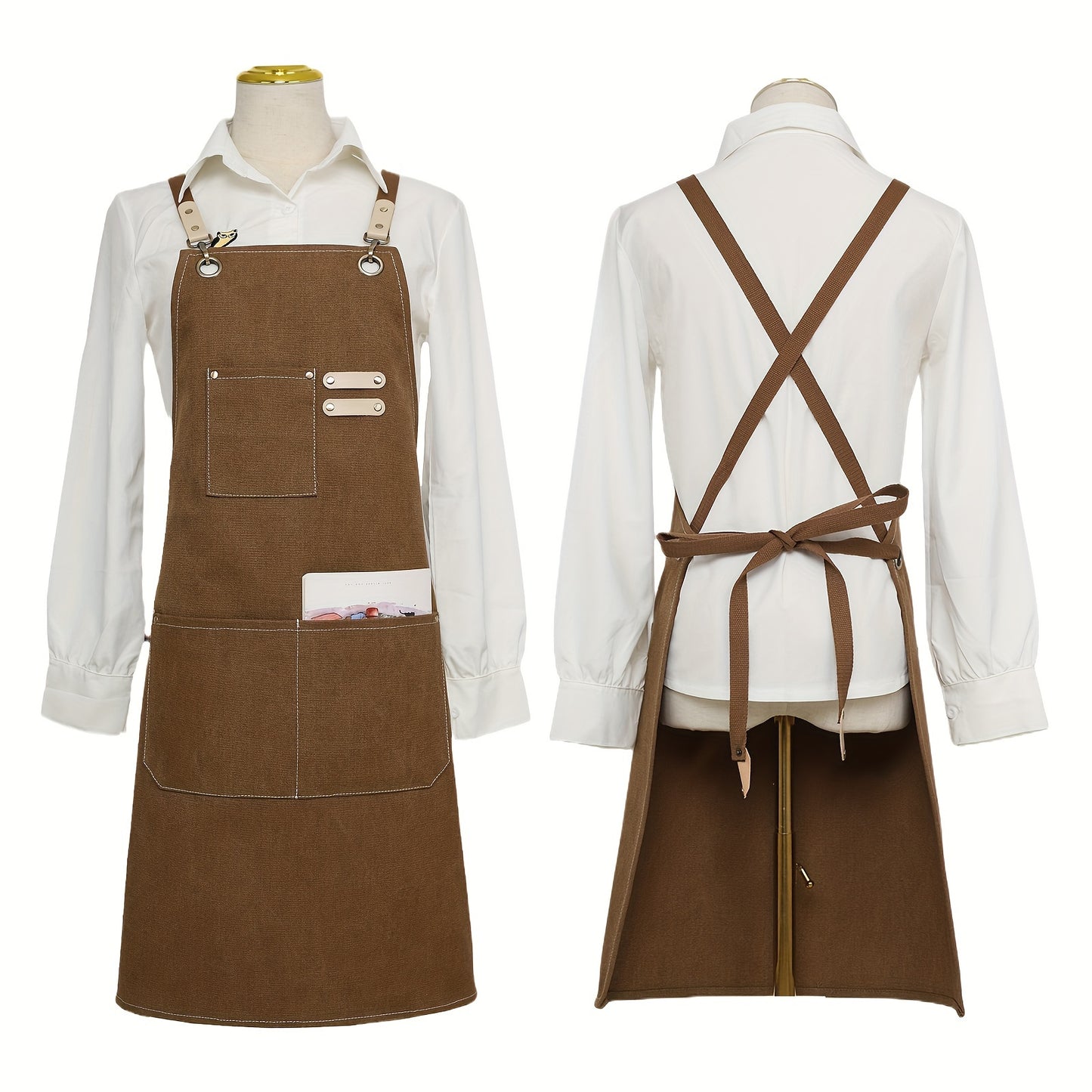 Sturdy brown canvas apron with adjustable straps & multiple pockets, ideal for coffee shops, restaurants, and home kitchens.