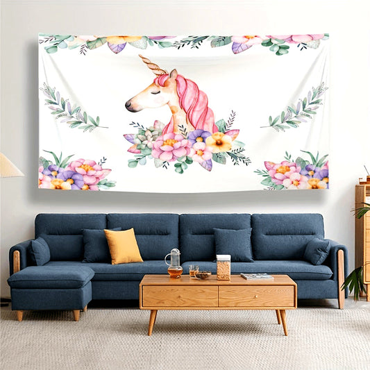 High-Quality Watercolor Illustration of an Enchanted Unicorn with a Floral Mane, Seamless Design, Fantasy Creature Printed on Polyester Fabric.