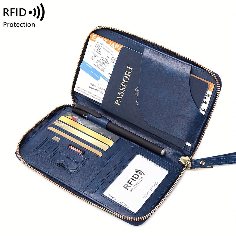 Brown PU travel wallet with RFID blocking for passports, cards, tickets, and IDs. Zipper closure and wrist strap, compact design with multiple compartments for secure organization.