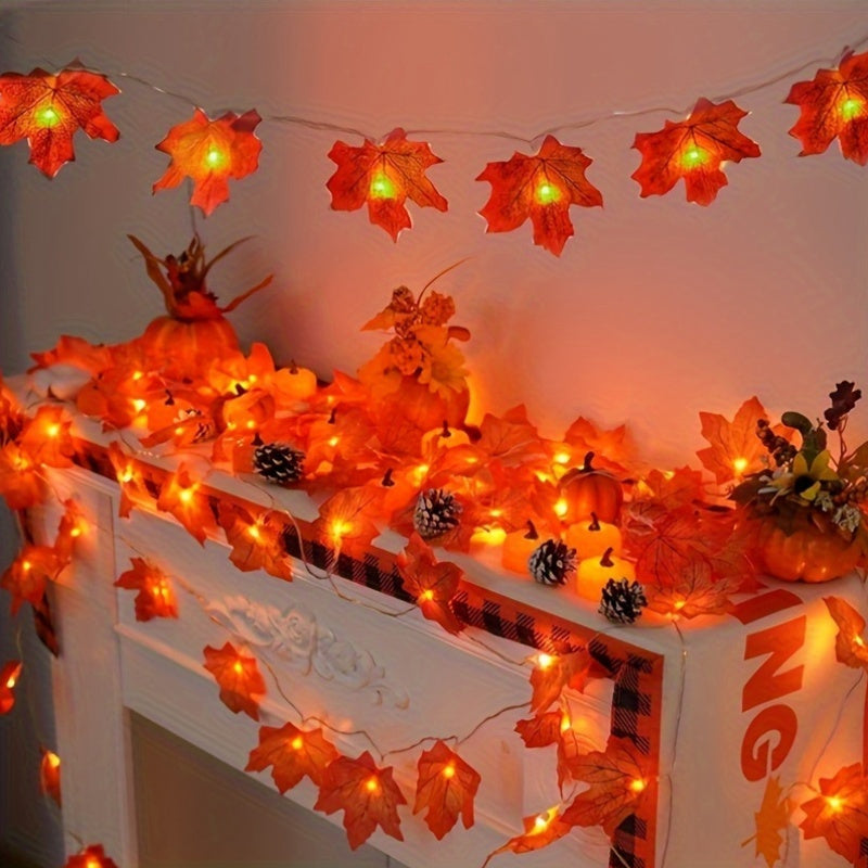 Stargirl rustic autumn maple leaf indoor LED string lights are battery powered for Thanksgiving and Halloween décor, featuring a harvest festival fabric leaf garland. Batteries not included.