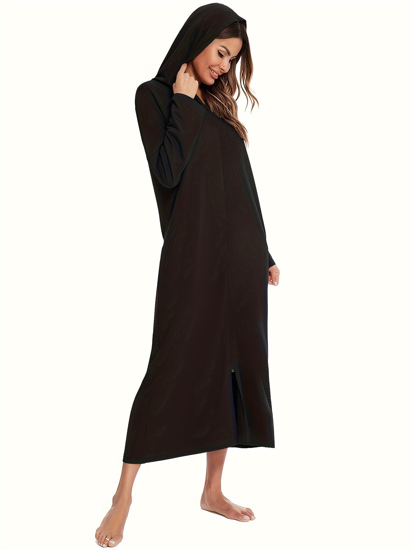 Comfortable zip-up lounge dresses with a hood, perfect for women's loungewear.