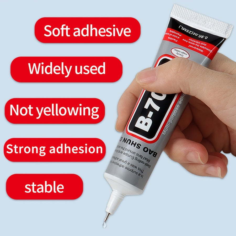 B-7000 is a versatile semi-fluid adhesive with strong bonding properties, suitable for jewelry making, gemstone setting, DIY repairs, and works well on materials like plastic, metal, glass