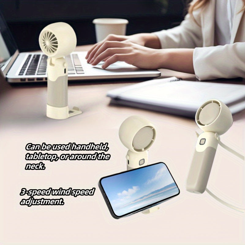 Portable USB charging fan with three-speed wind adjustment, foldable design, and multi-functional capability suitable for various scenarios, including handheld use, desktop placement, and wearing on a halter during summer months.