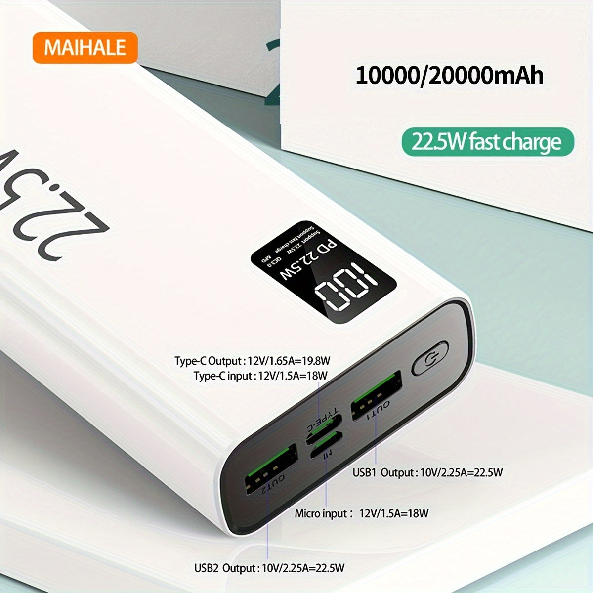 Портативное зарядное устройство, 22.5W 10000/20000mAh USB C пауэрбанк с быстрой зарядкой для iPhone, Samsung, Google и iPad.