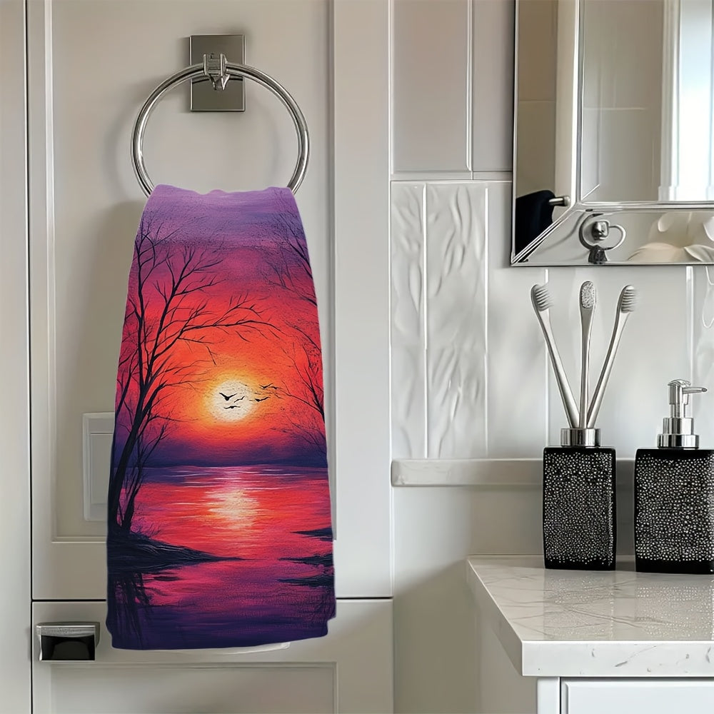 Set of 2 Ultra Soft Kitchen Towels featuring Vibrant Winter Sunset & Moonlit River Scenes. These highly absorbent polyester dish hand towels are machine washable and measure 40.64x60.96 cm. Perfect for Holiday Decor and everyday use in the kitchen.