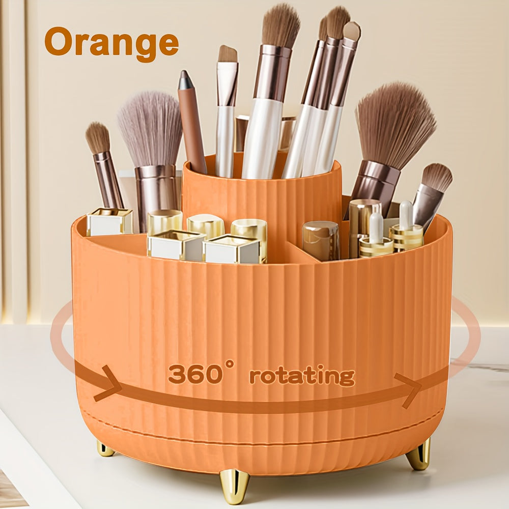 Makeup brush organizer with 360° rotation and 5 compartments for brushes, lipsticks, and stationery. Made of hypoallergenic plastic.