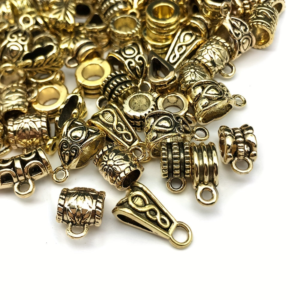 Get creative with these 120 pieces of Antique Golden Zinc Alloy Bail Tube Beads! Perfect for adding a touch of charm to your European bracelet pendants and other jewelry making projects. These versatile spacer beads are ideal for crafting accessories and