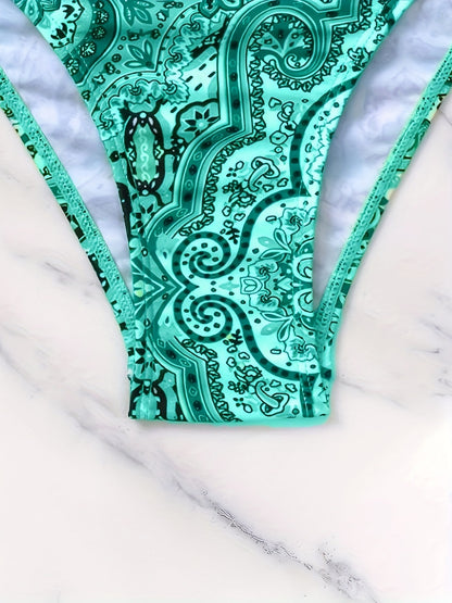 YIYUNQING Women's Turquoise Digital Print High Waisted Bikini Set with Tie-Front Halter Top, High-Cut Bottoms, and Decorative Ties. Made from Stretchy Nylon/Elastane Blend with