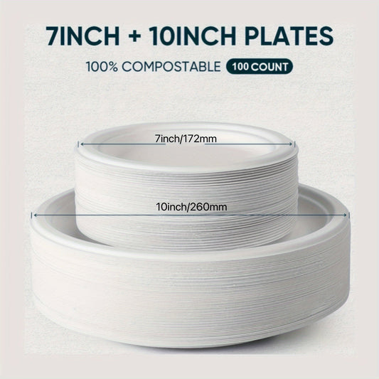 Set of 100 Heavy Duty Disposable Paper Plates made from Sugarcane Fiber, ideal for Party Dinners, Birthdays, BBQs, Picnics, and other gatherings. Perfect party supplies and tableware.