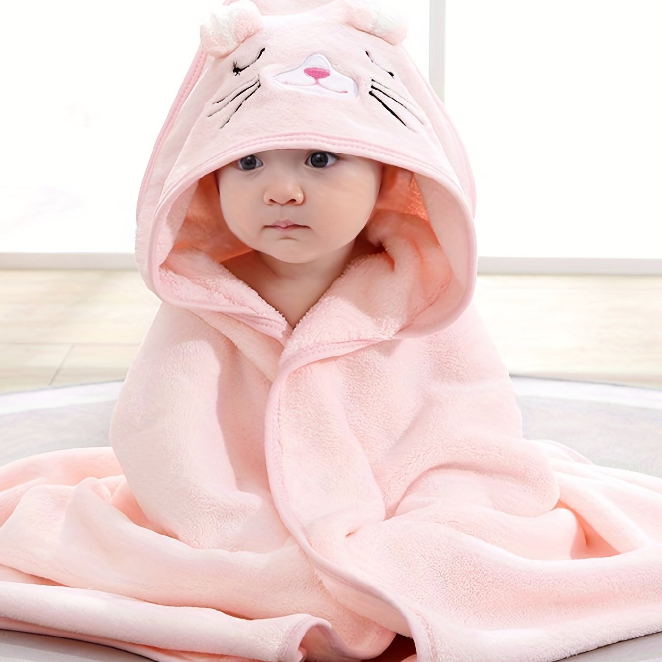 Soft and cozy microfiber baby bathrobe with elephant hood and matching hat, suitable for boys and girls aged 0-2 years. Features cartoon design, machine washable, and includes bath