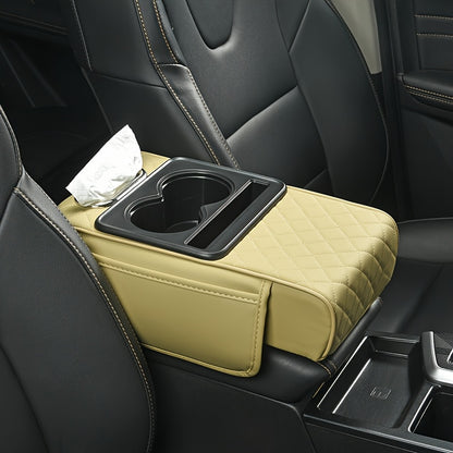 Luxurious PU leather armrest pad with cup holder, tissue box, and storage solutions for enhanced comfort and style.