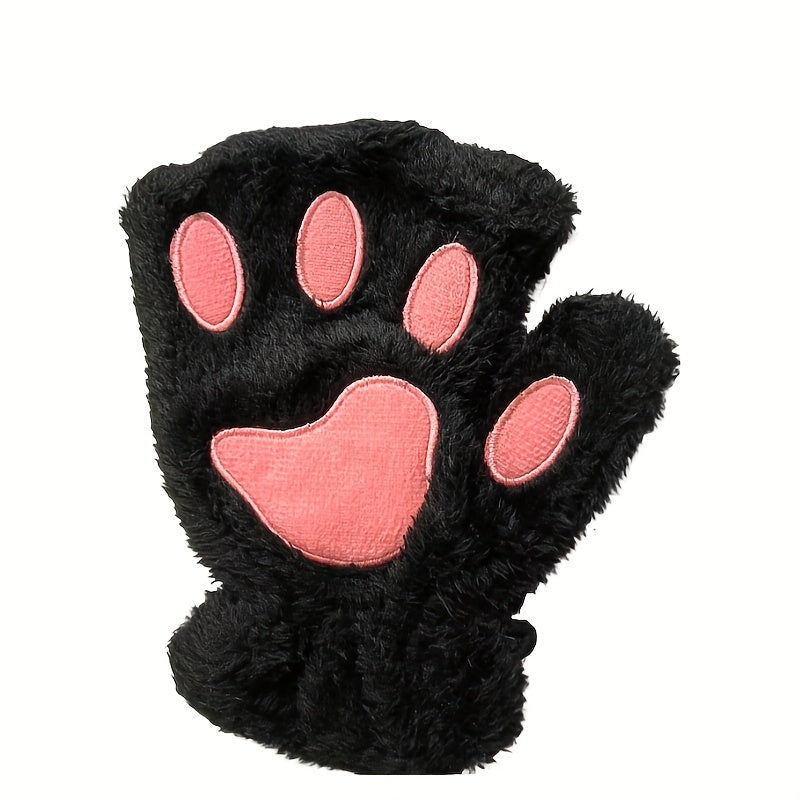 Soft, warm, and comfortable Cozy Cat Claw Plush Half-Finger Gloves - Perfect for Autumn/Winter | A Cute Fashion Statement for Women