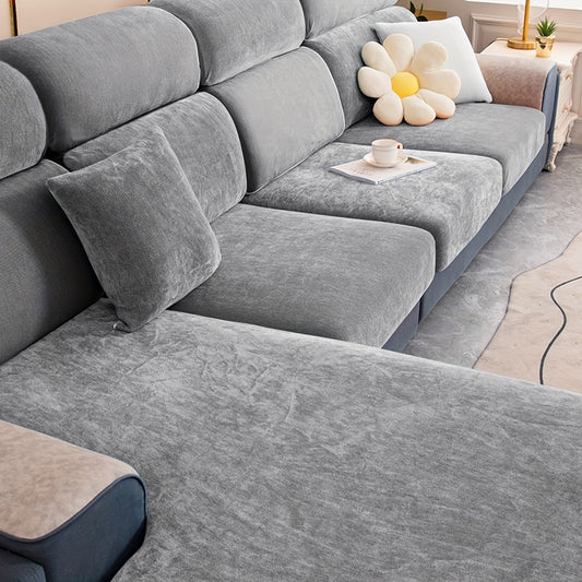 Stretchable plush velvet sofa cushion cover in contemporary gray with white accents; fits 1 to 4-seater sofas, machine washable, perfect for home decor.