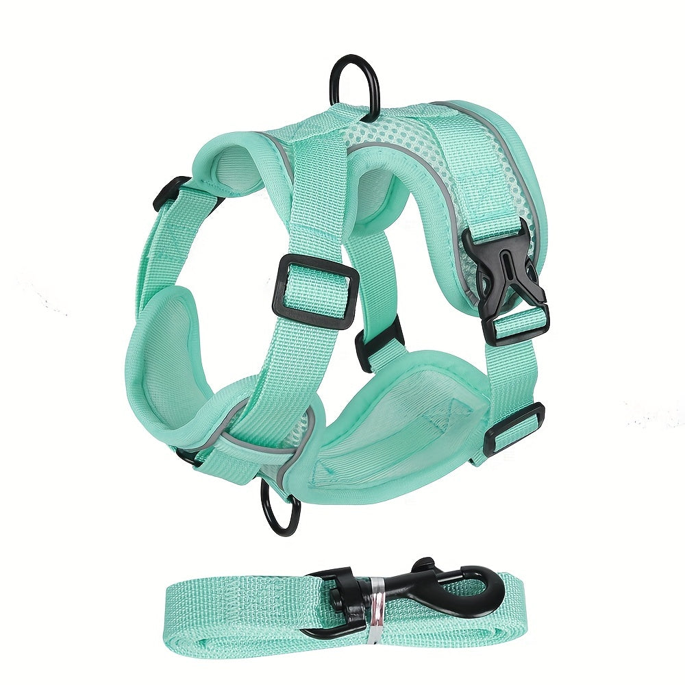 Reflective, breathable vest-style cat harness set with walking rope for outdoor walks and training.