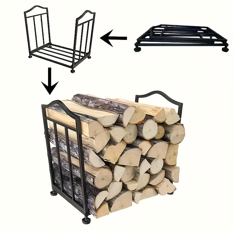 Metal firewood rack stand with adjustable height, designed for indoor and outdoor use. Ideal for organizing wood piles for fireplaces and log storage. Built to withstand heavy-duty use.