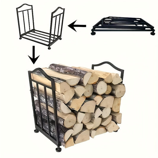 Metal firewood rack stand with adjustable height, designed for indoor and outdoor use. Ideal for organizing wood piles for fireplaces and log storage. Built to withstand heavy-duty use.