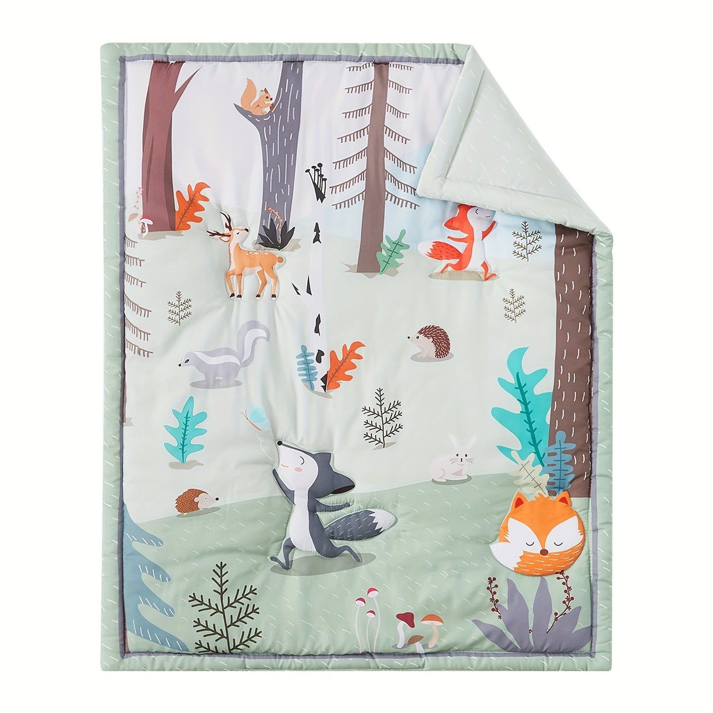 Woodland Animal Nursery Bedding Set includes 3 pieces of BEEWEED polyester crib sheets with a soft blanket and skirt for boys and girls. This machine washable set is perfect for Christmas, Thanksgiving, and Halloween gifts.