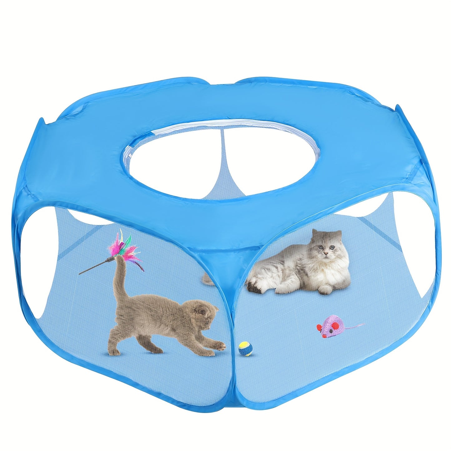 Small animal playpen with top cover, foldable and breathable, portable outdoor sports fence for small pets.