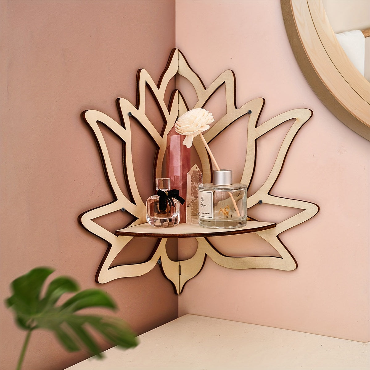 Creative lotus-shaped rack for wall display, hand-assembled wooden storage shelf for home decor. (Nails not included)