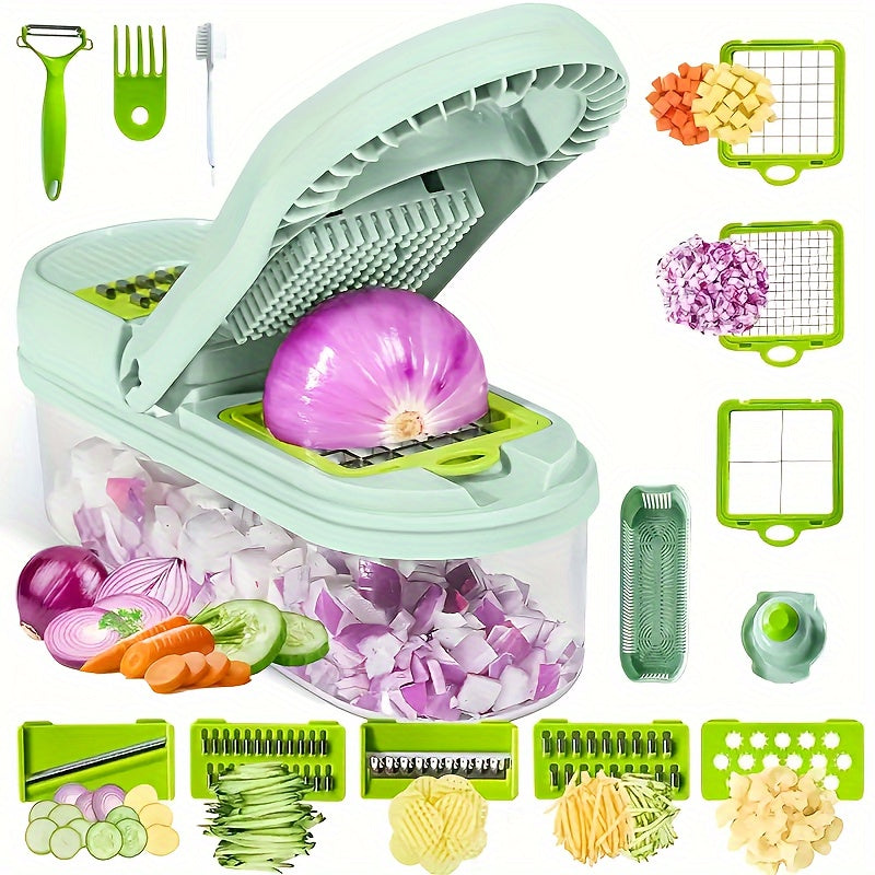 A versatile vegetable chopper set that includes a multifunctional fruit slicer, manual food grinder, and cutter with container. This onion chopper comes with multiple interchangeable blades for slicing and dicing. Perfect for home use, making potato