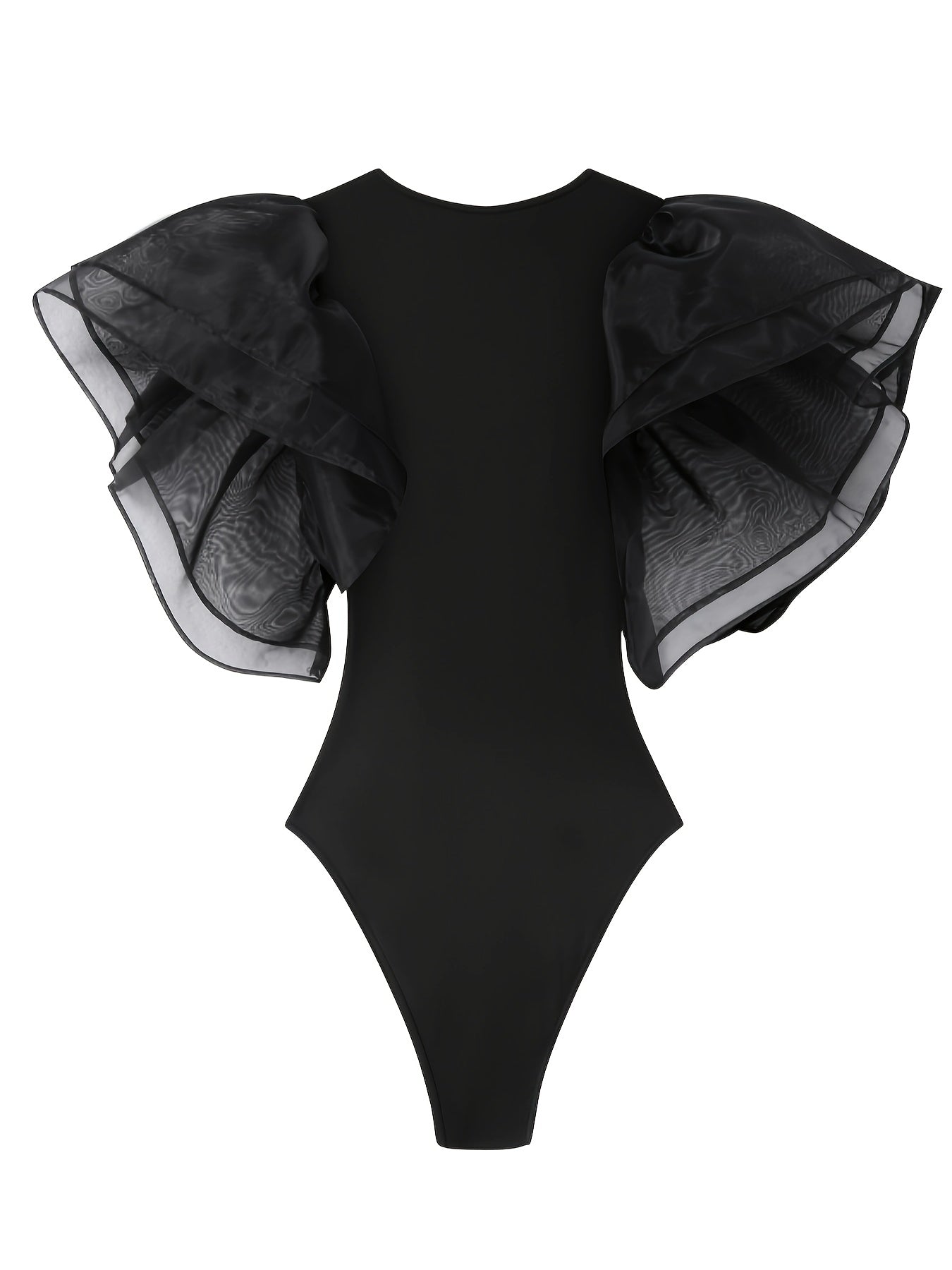 Chic black mesh bodysuit with ruffle sleeves - crew neck, stretchy polyester blend, machine washable - perfect for all seasons.